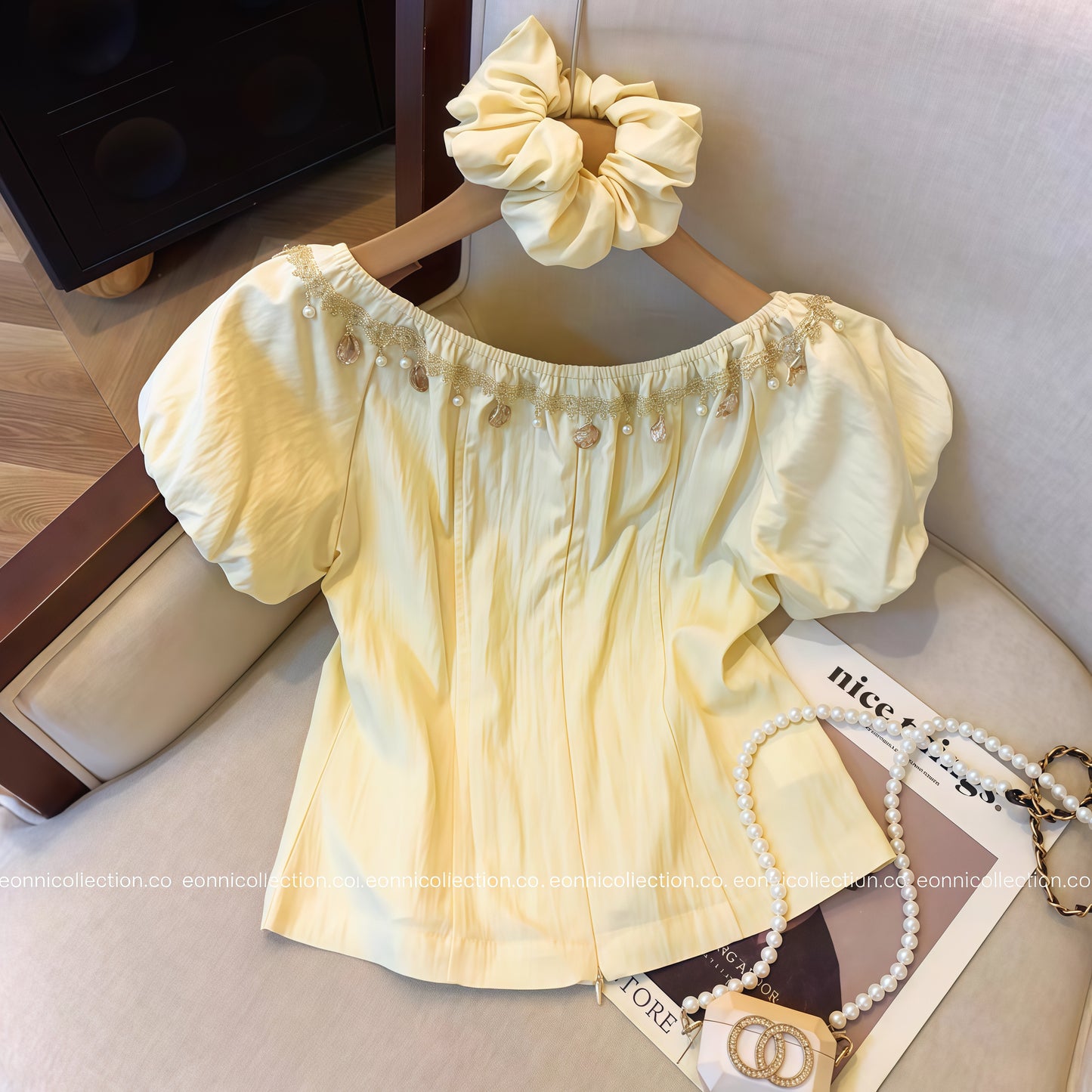 #1062 Off Shoulder Beaded Fringe Puff Sleeve Top + Matching Hair Tie（3 Colors)