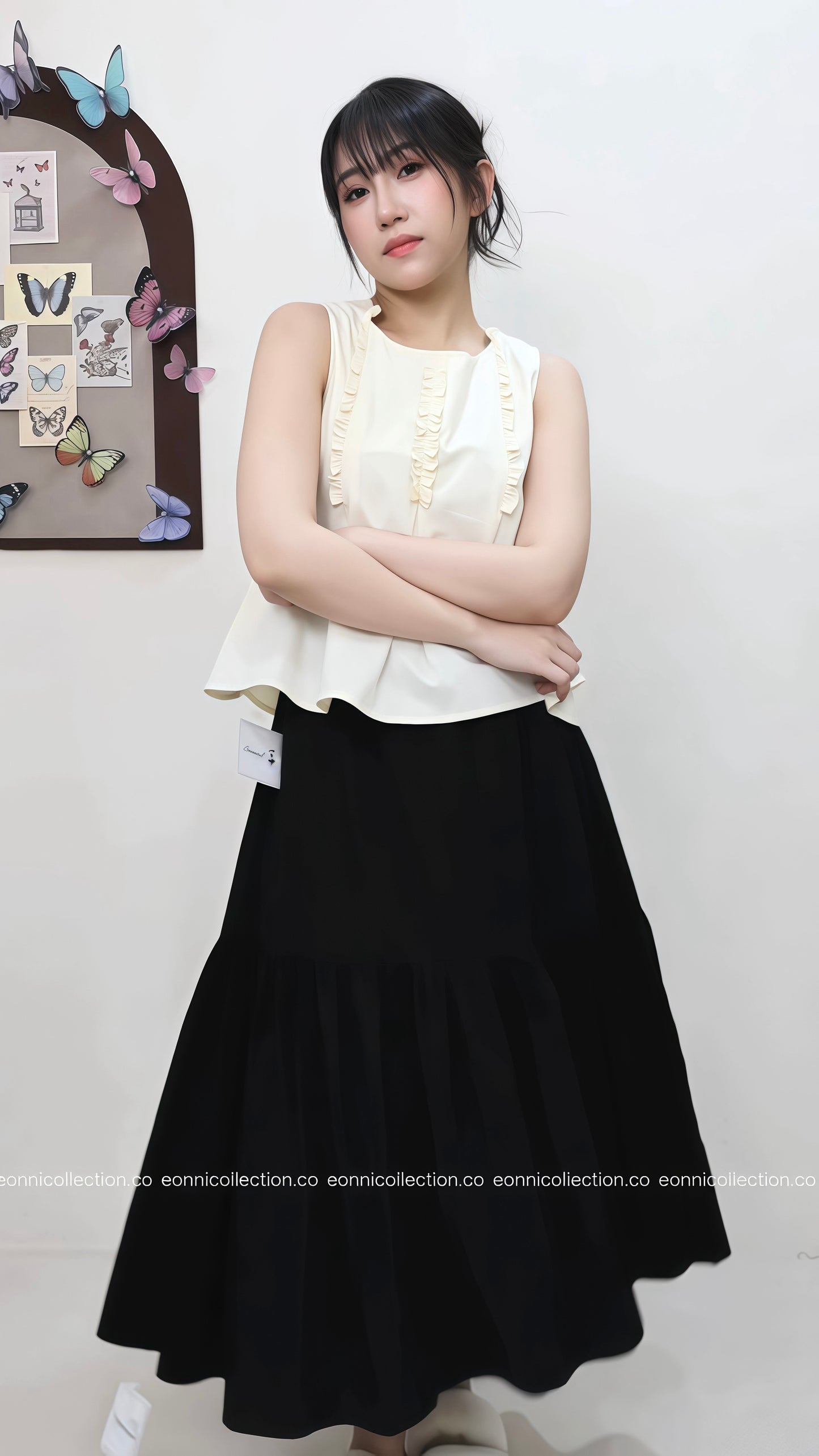 #1075 Sleeveless Pressed Pleats With Ruffle Design Blouse - Yellow