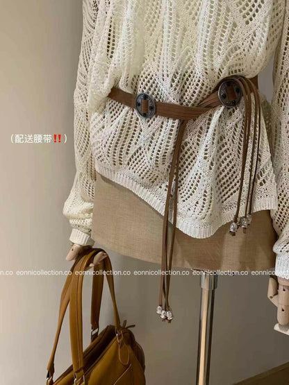 #1102 Knit Crochet-Inspired Belted Top