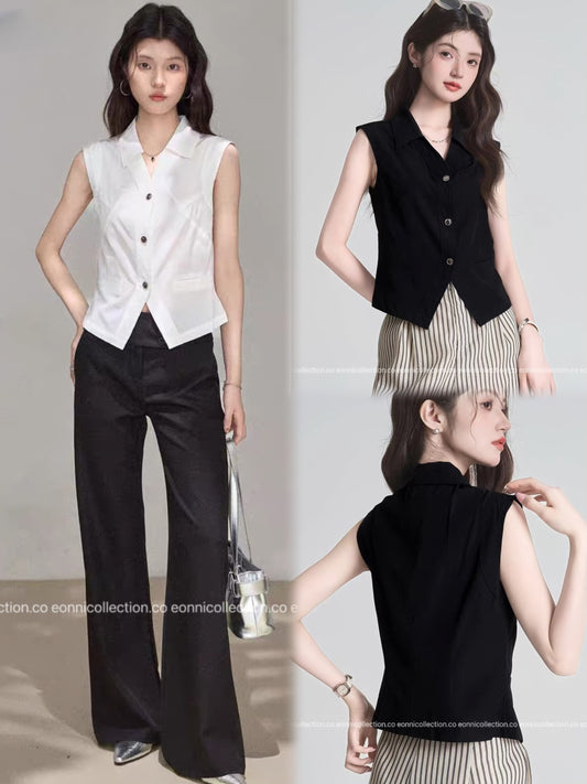 #1093 French Minimal Vest Style Blouse（2 Colors）