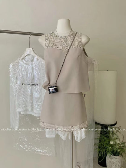 #2051 Women Boucle Set With Delicate Cutwork & Lace Coordinates