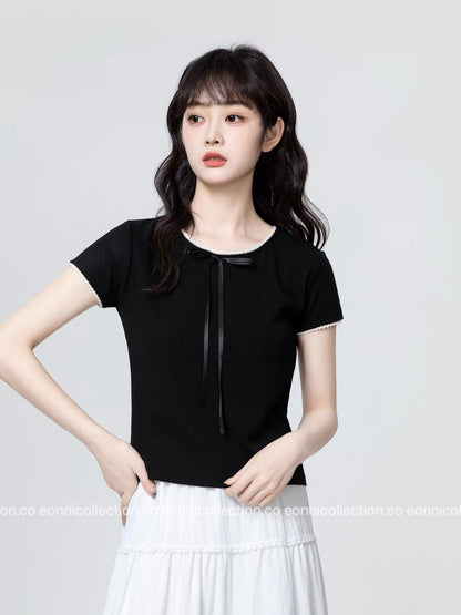 #1048 Bow And Lace Accent T-Shirt （2 Colors）