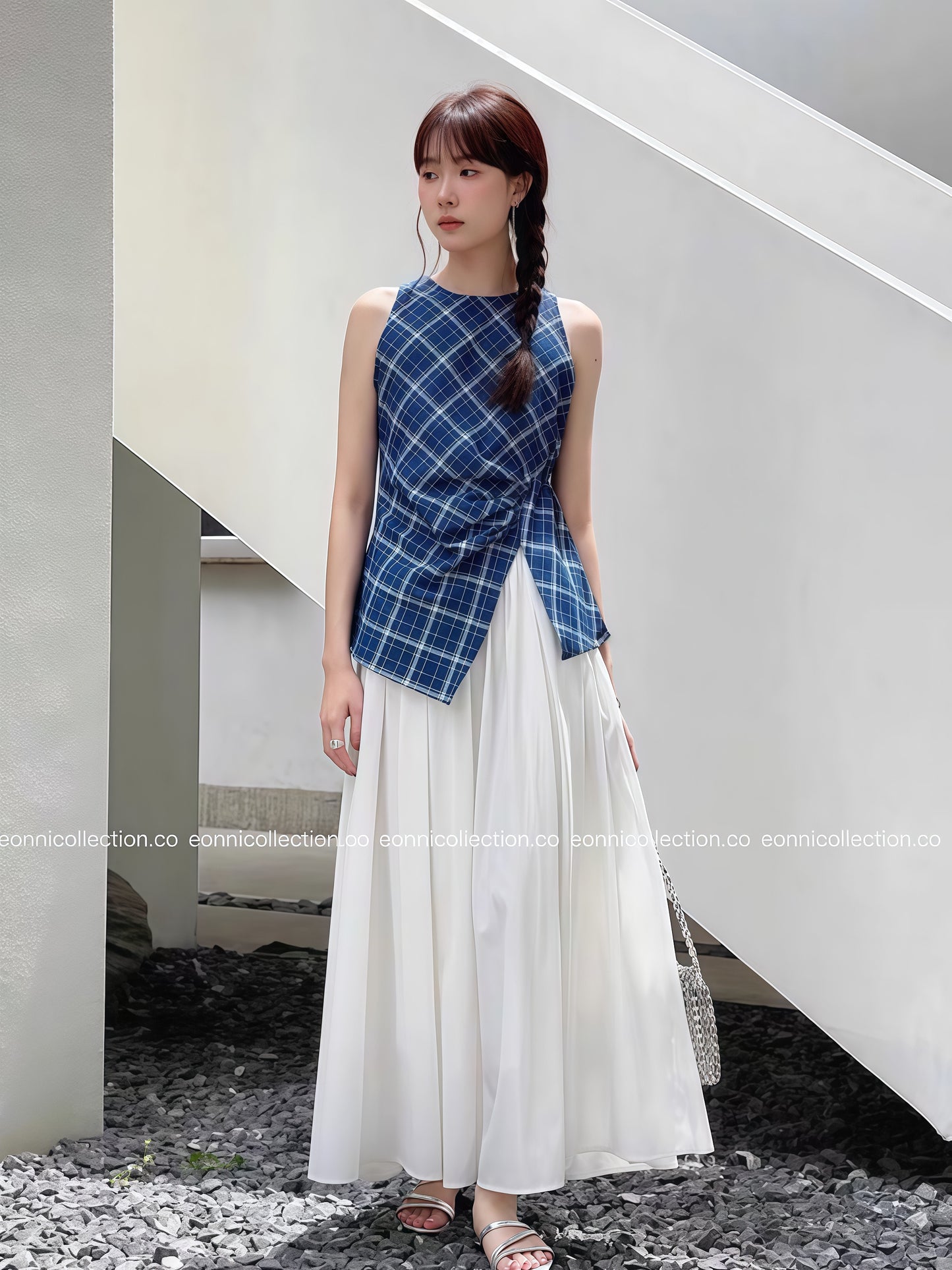 #1072 Navy Checkered Pleated Crop Top Tailored Waist & Side Slit Hem