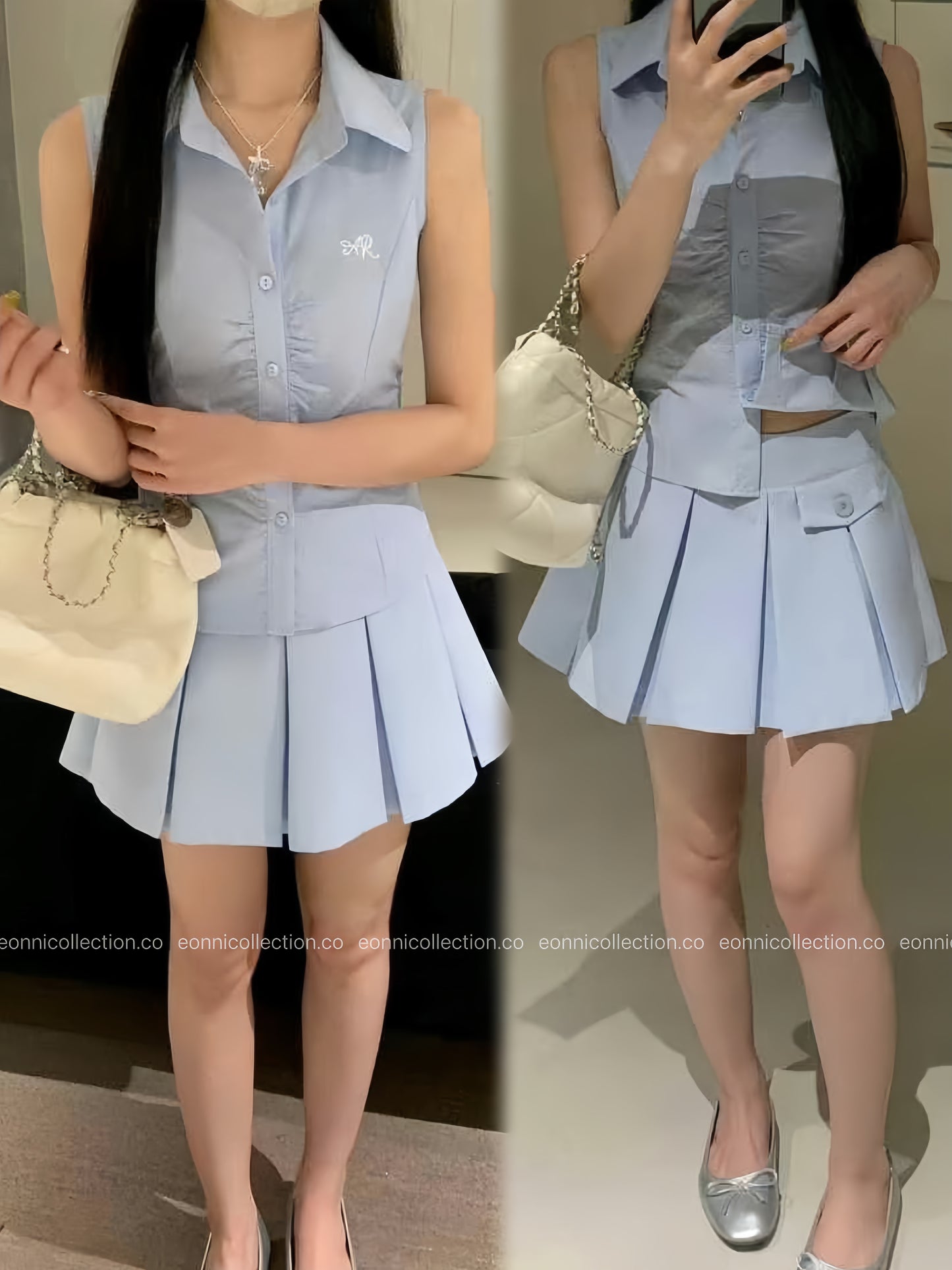 #2053 Petite Broderie Sleeveless Blouse & Plisse Skirt Set