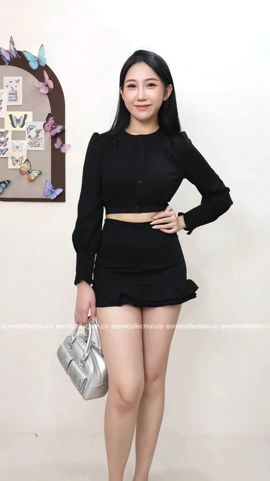 #2070 Parisian Crop Top & Flounced Pencil Skirt Ensemble - Black