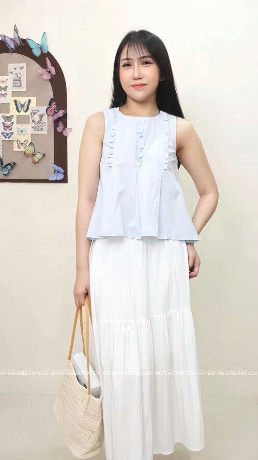 #1075 Sleeveless Pressed Pleats With Ruffle Design Blouse （Blue）瑕疵品