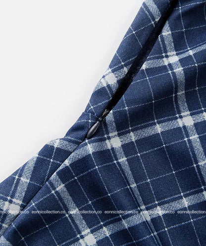 #1072 Navy Checkered Pleated Crop Top Tailored Waist & Side Slit Hem