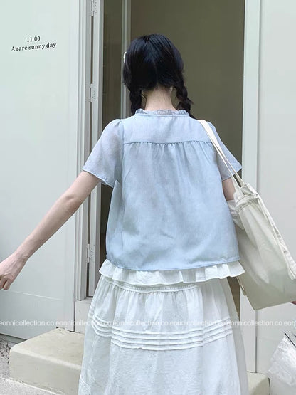 #1078 Mock Layer Blouse With Cascading Ruffle & Relaxed Silhouette（2 Colors）