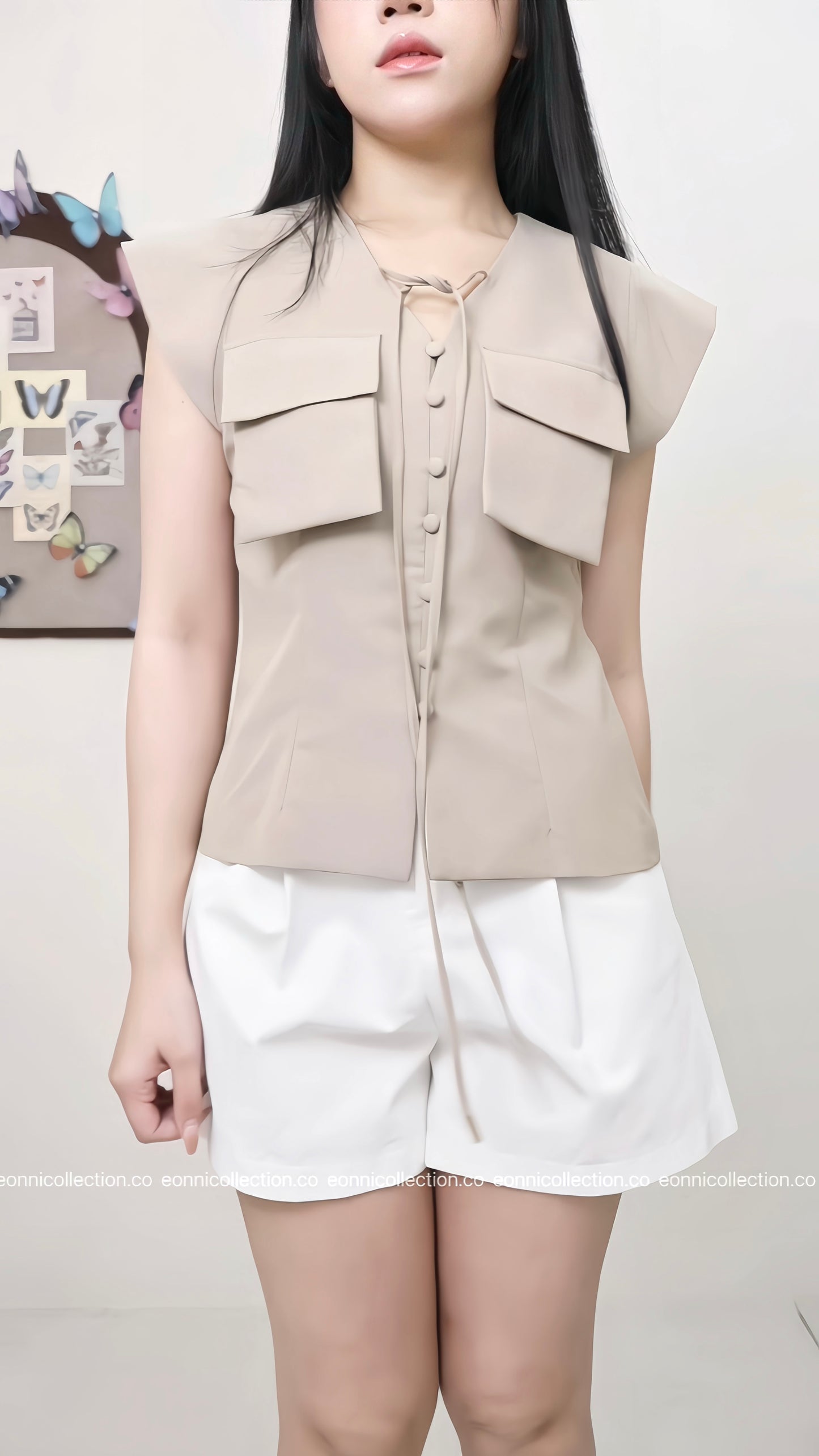 #1064 Tie Front Button Detail Flutter Sleeve Top - Khaki