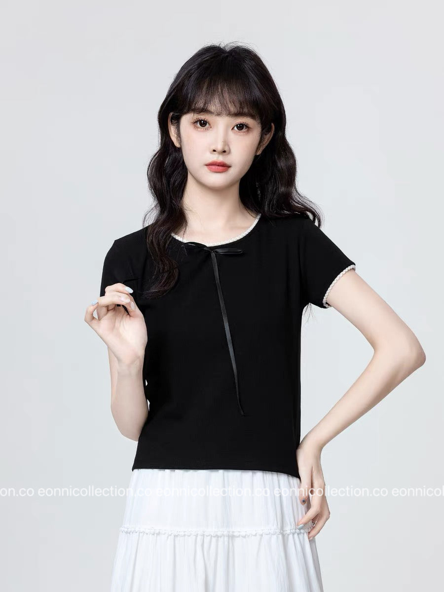 #1048 Bow And Lace Accent T-Shirt （2 Colors）