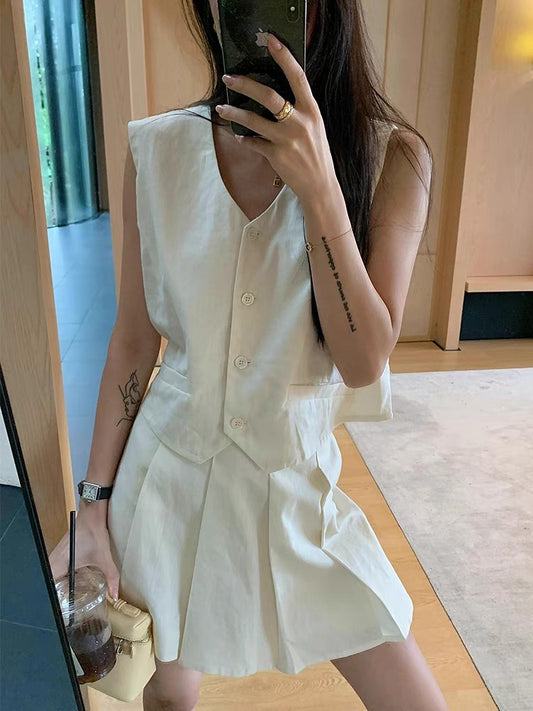 #2017 French Minimalist Linen-Blend Tank Set-Beige