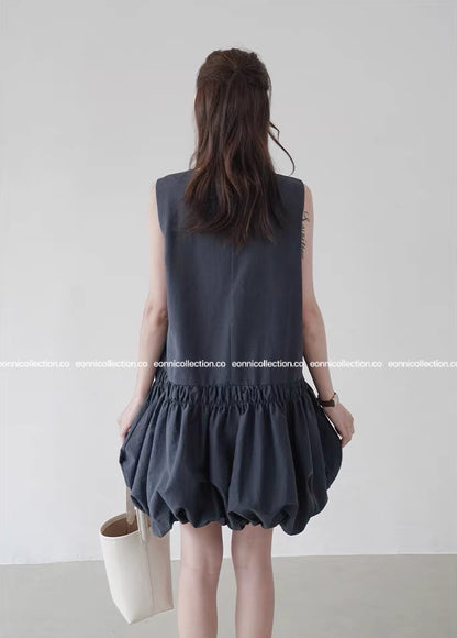 #2055 Casual Bloom Sundress & Matching Hair Tie Set - Dark Blue