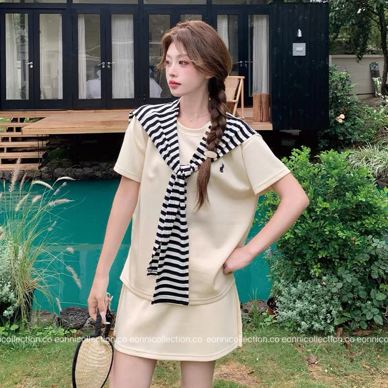 #2061 Korean Style Casual T Shirt + Cover Up High Waist Mini Skirt Three Piece Set（3 Colors）