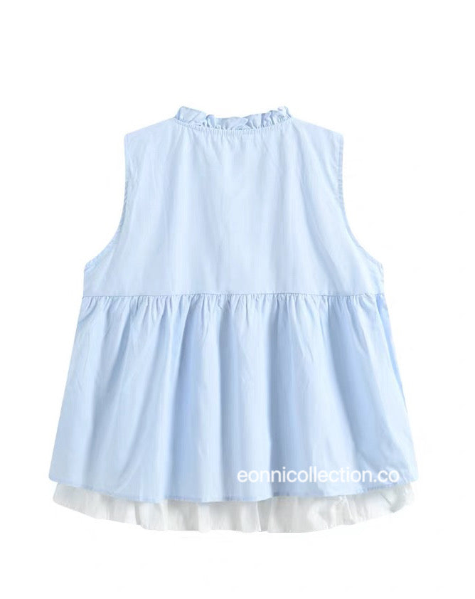 #1054 Korean Style Mock Two Piece Ruffled Sleeveless Blouse - Blue