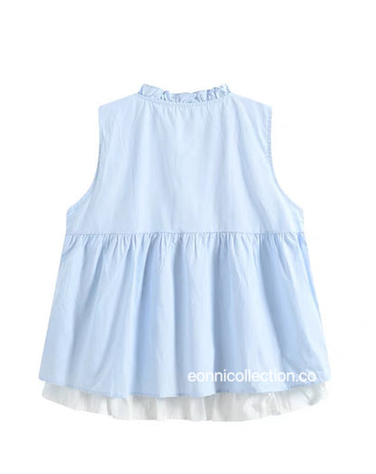 #1054 Korean Style Mock Two Piece Ruffled Sleeveless Blouse - Blue