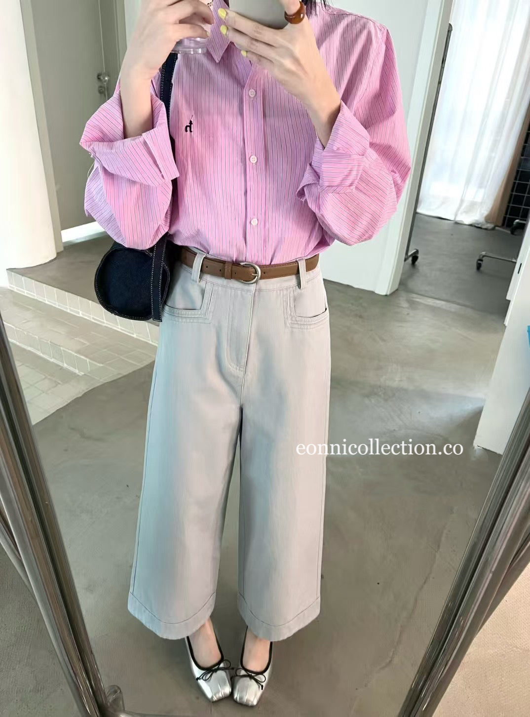 #3011 Korean Style High Waisted Washed Cotton Straight Leg Pants w/ Belt - Haze Blue