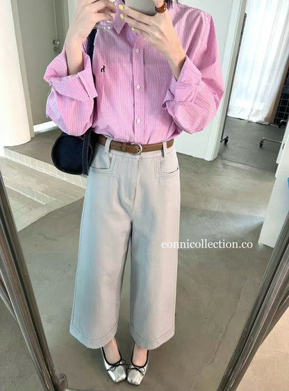 #3011 Korean Style High Waisted Washed Cotton Straight Leg Pants w/ Belt - Haze Blue