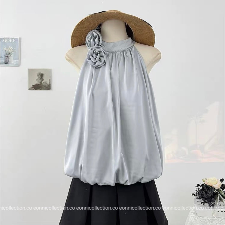 #1066 Couture Style 3D Floral Satin Halter Blouse Embossed Texture & Peplum Silhouette（3 Colors）