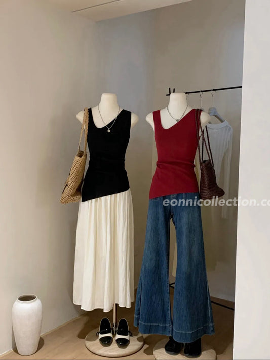 #1019  Irregular Neckline Split Knit Top（3 Colors)