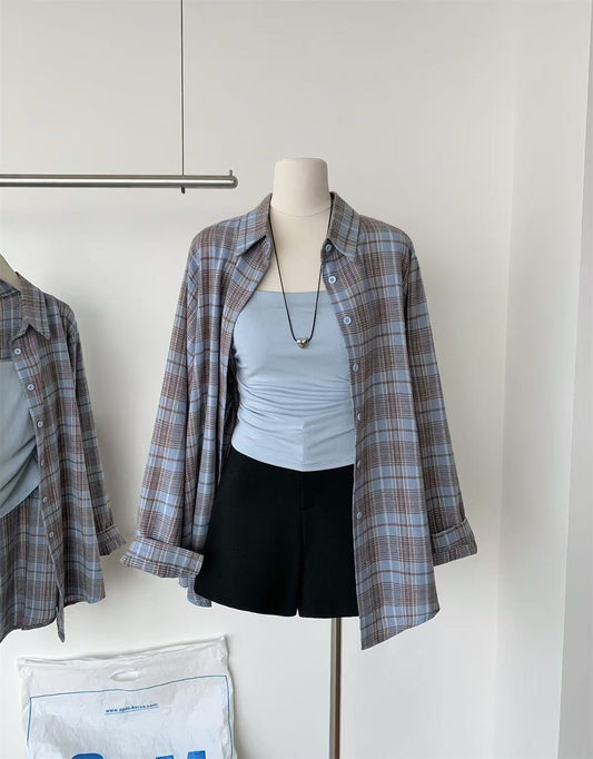 #1041 Navy Plaid Blouse & Padded Strappy Camisole Set