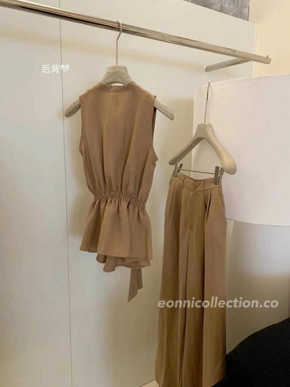 #2004 Cotton-Linen V-Neck Vest Top & Wide-Leg Pants | 2-Piece Minimalist Set（3 Colors)