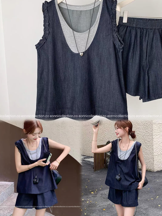 #2107 Colorblock Layered-Look Tank & Denim Shorts Set