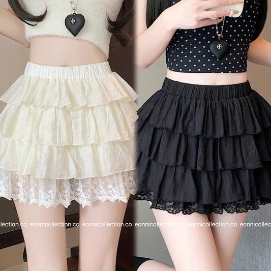 #3018 Lace Paneled A-Line Tiered Skirt with Inner Shorts（2 Colors）