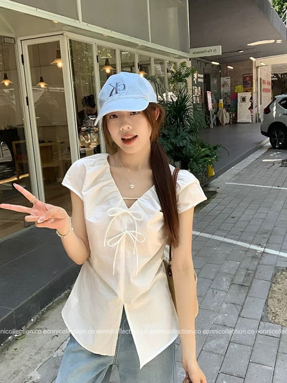 #1079 Crinkled V Neck Blouse Hand Pleated Neckline - White
