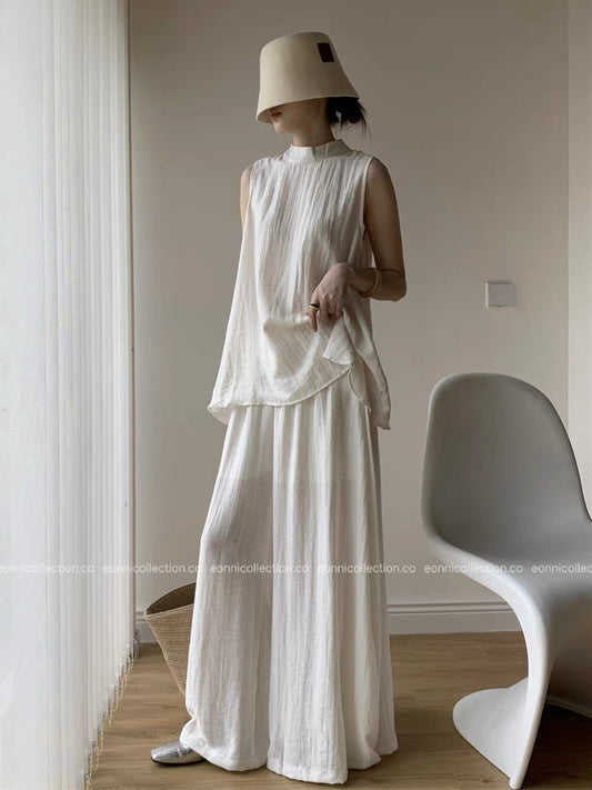 #2048 Wrinkled Linen Top & Slouchy Wide Leg Trousers Coordinated Set （3 Colors）