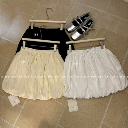 #3016 Chic Bubble Mini Skirt with Built-In Lining Shorts - Beige