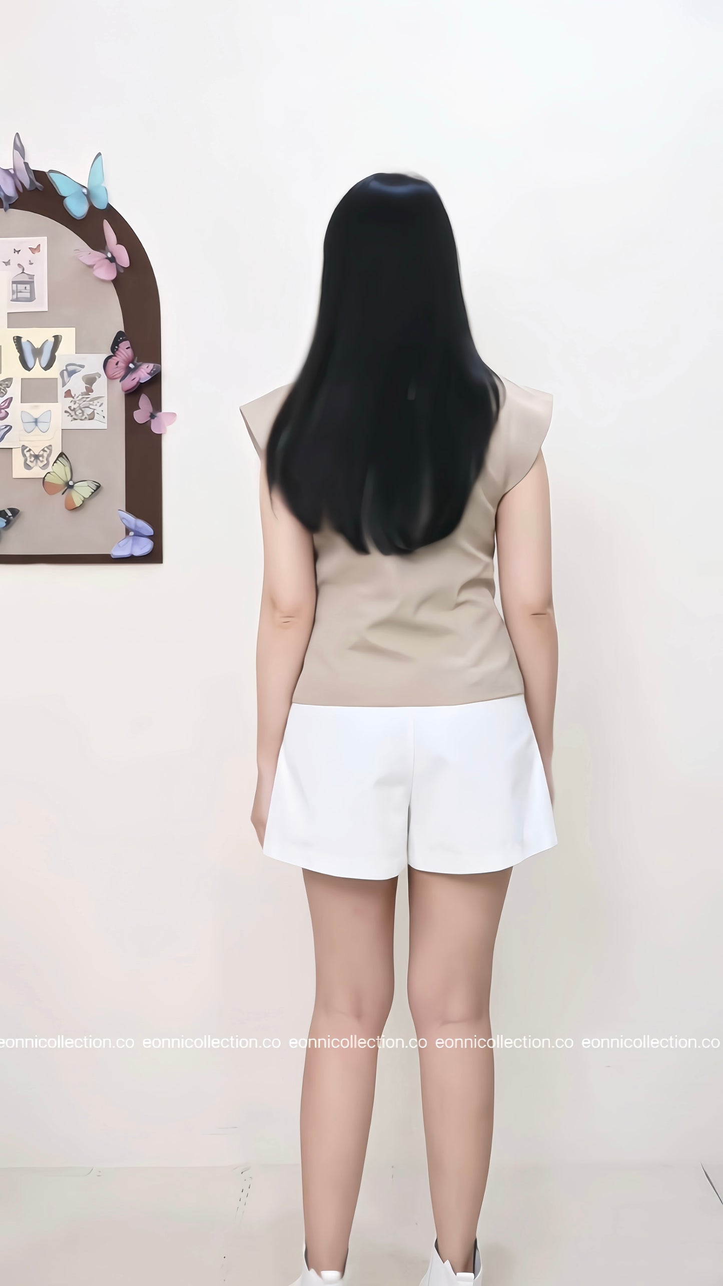 #1064 Tie Front Button Detail Flutter Sleeve Top - Khaki