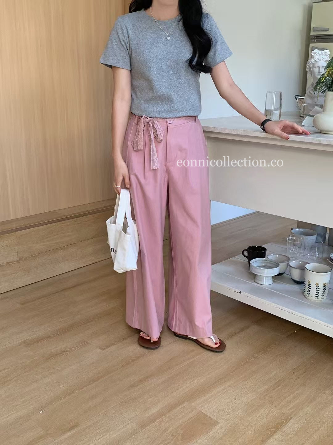 #3015 Washed Cotton Solid Wide-Leg Pants w/  Elastic & Lace Tie - Pink