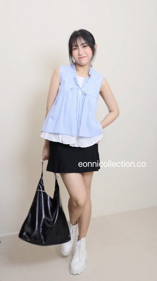 #1054 Korean Style Mock Two Piece Ruffled Sleeveless Blouse - Blue