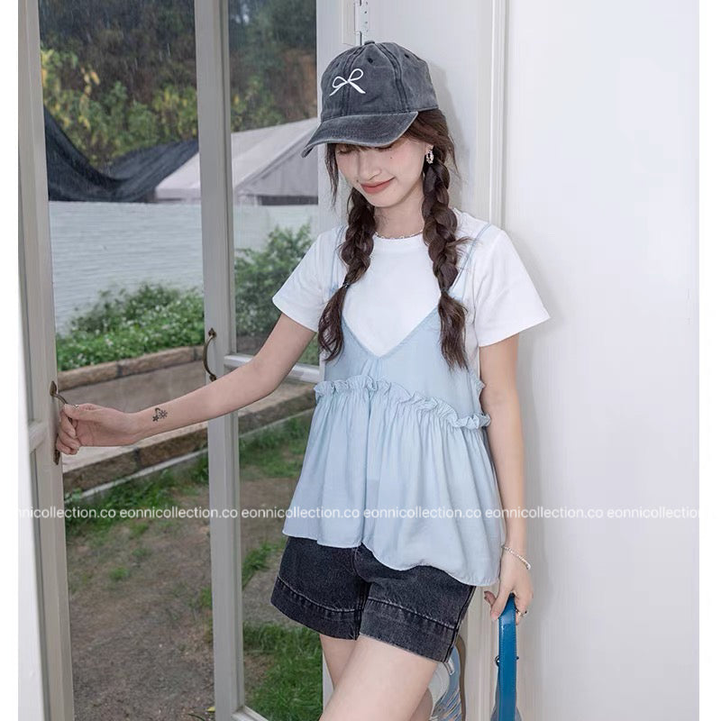 #1052 Korean Minimalist Strappy Top & Layer Set（2 Colors）