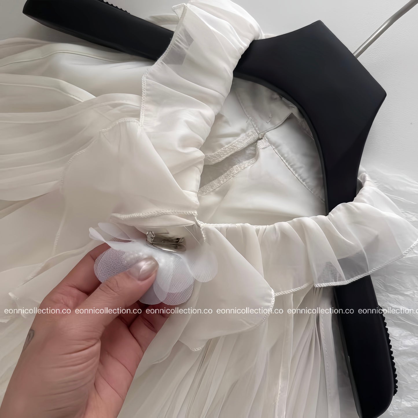 #2038 Draped Chiffon Gown Artistic 3D Floral Applique & Asymmetric Pleated Hem