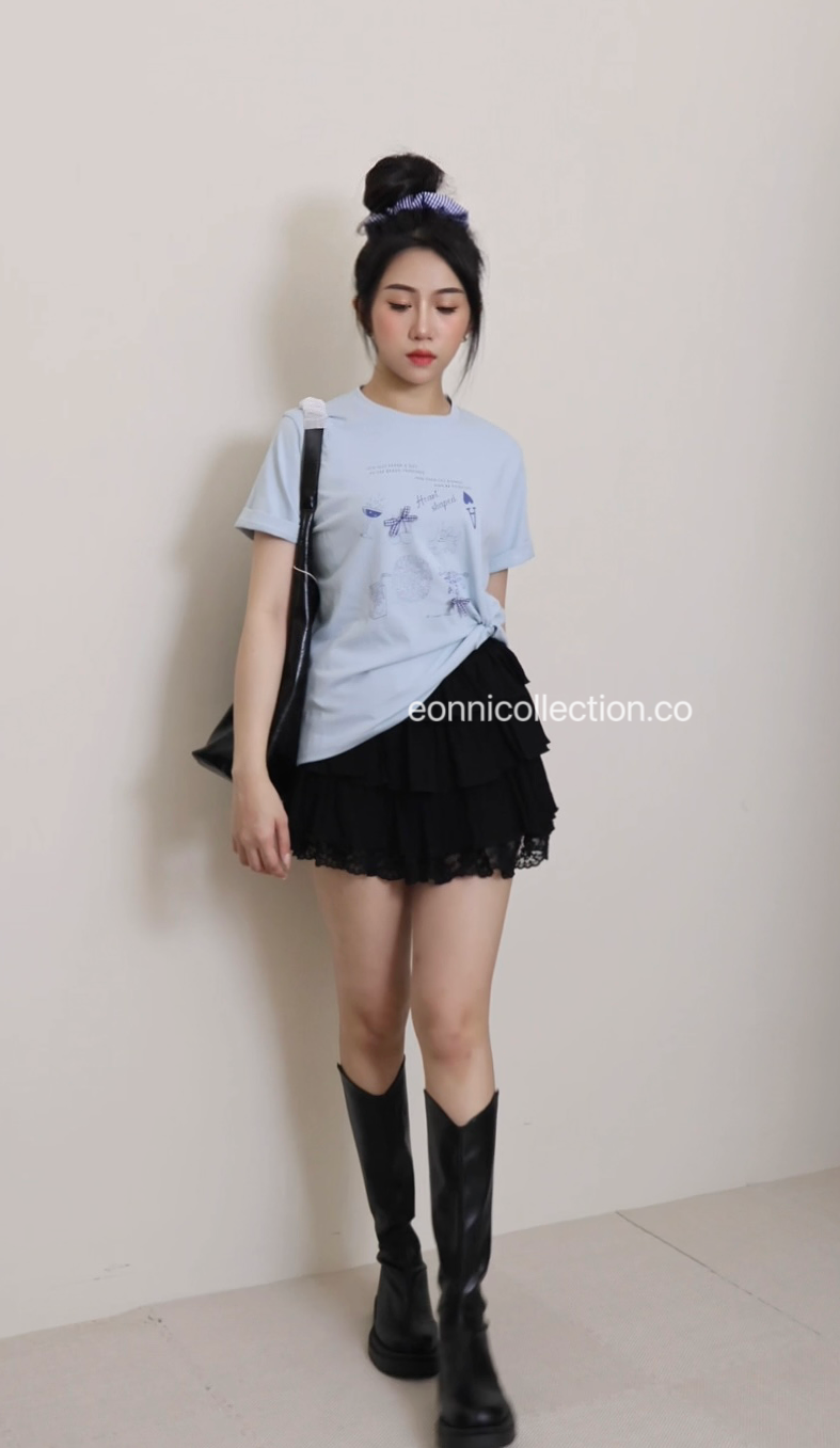 #1056 Ins Graphic Print Round Neck Oversized Tee + Hair Tie - Blue