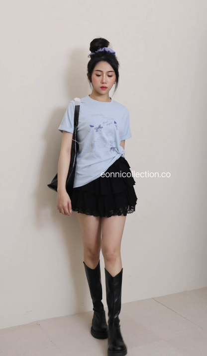 #1056 Ins Graphic Print Round Neck Oversized Tee + Hair Tie - Blue