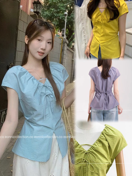 #1079 Crinkled V Neck Blouse Hand Pleated Neckline（4 Colors）