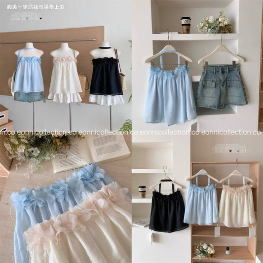 #1097 3D Floral Halter Tube Top – Ethereal Vibe（3 Colors）