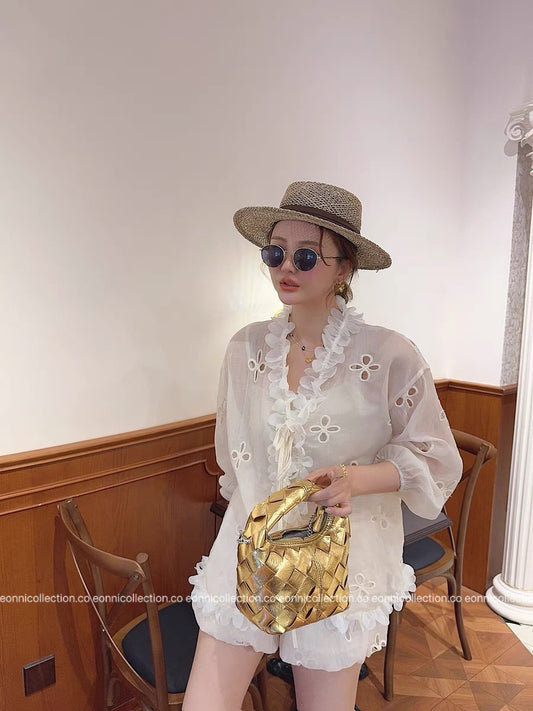 #2108 French Style Eyelet Cardigan Set – Elegant Two-Piece