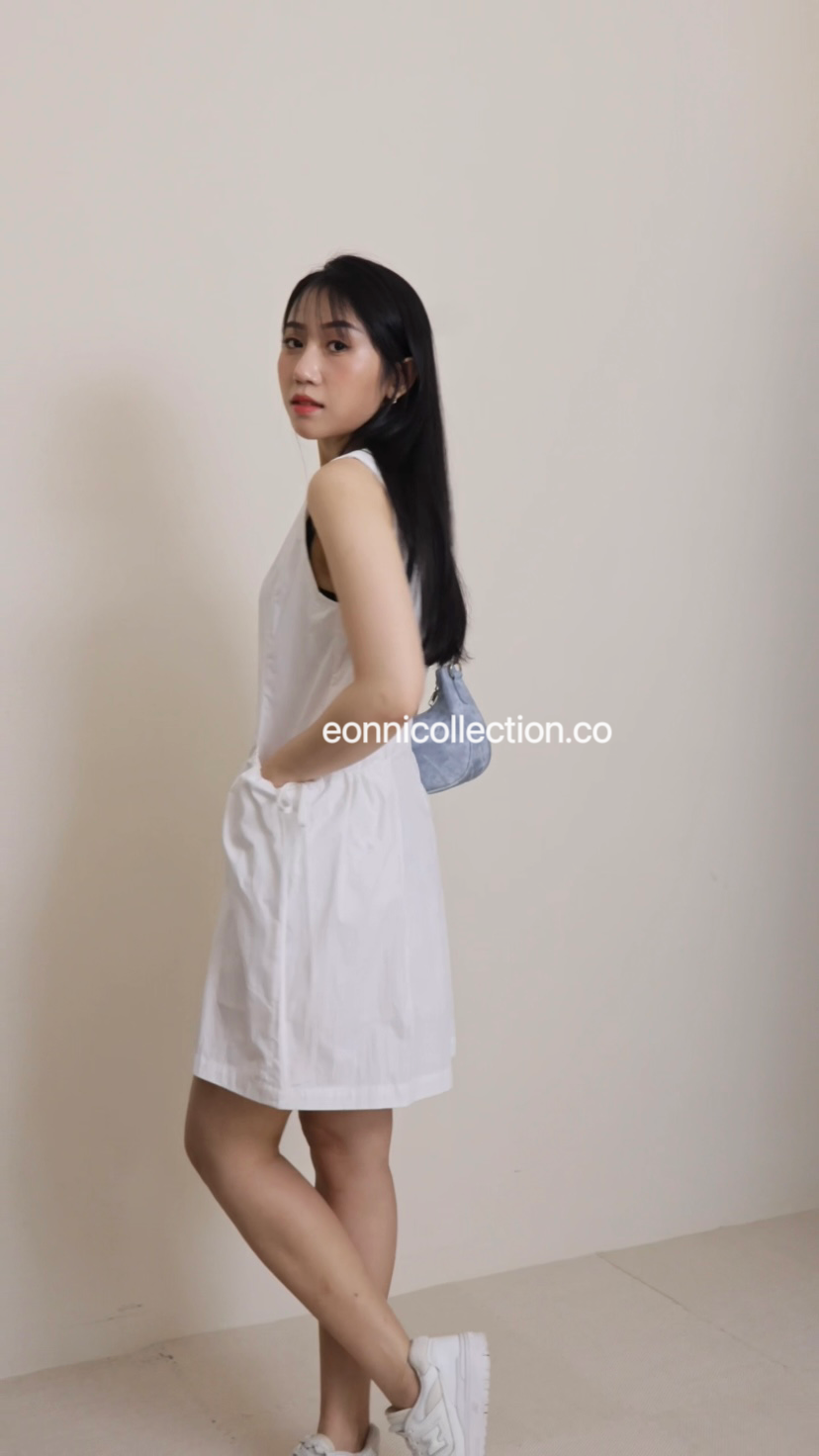 #2030 Korean Style Drawstring Pocket Tank Dress - White