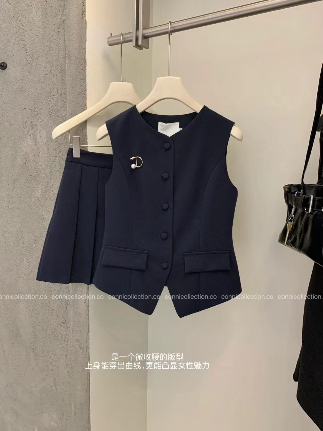 #2098 Modern Sophisticated Vest & Pleated Skirt Set with Brooch