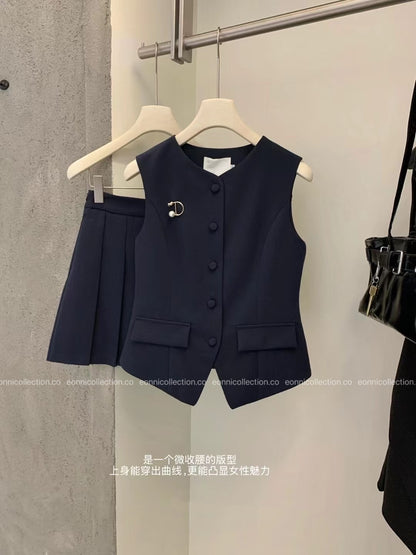 #2098 Modern Sophisticated Vest & Pleated Skirt Set with Brooch