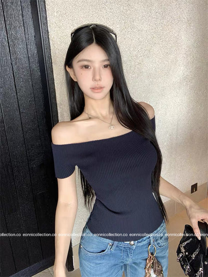 #1083 Ultra Stretch Off Shoulder Knit Top（3 Colors）
