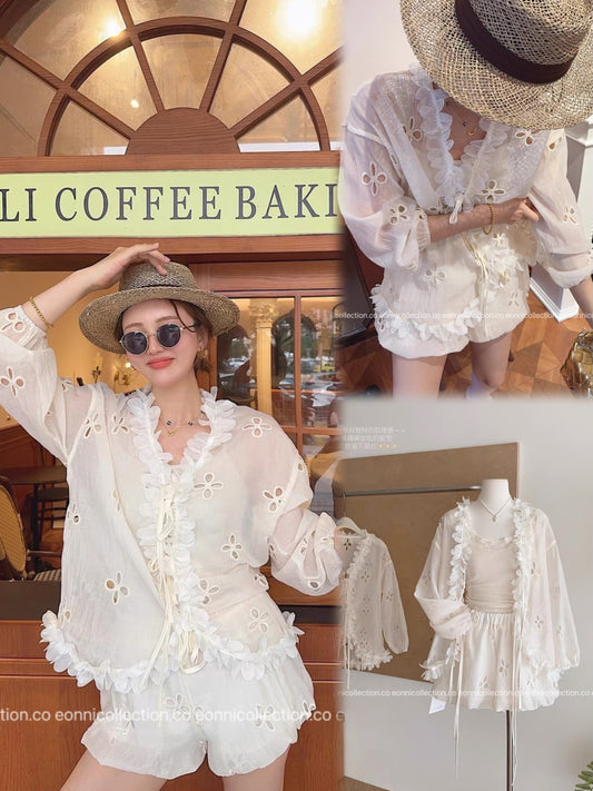 #2108 French Style Eyelet Cardigan Set – Elegant Two-Piece