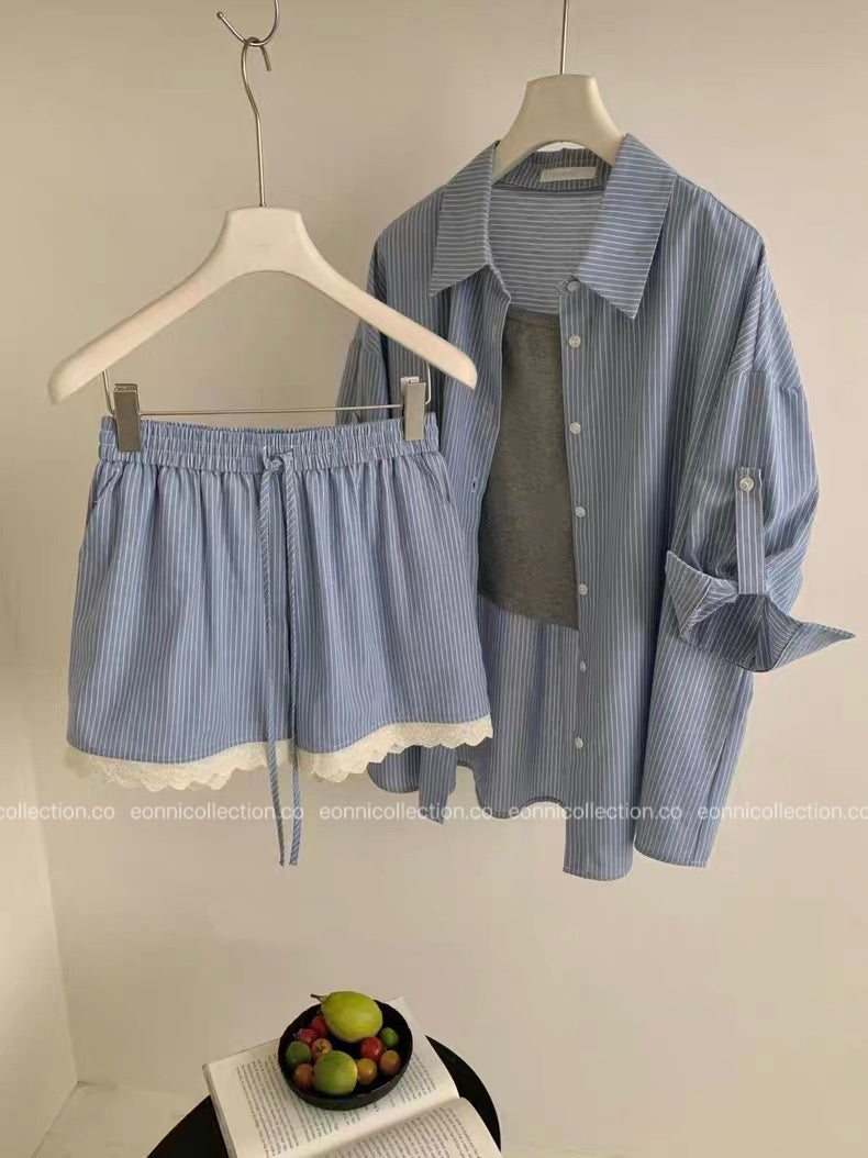 #2089 Effortless Striped Shirt + Sleeveless Camisole + Lace Trim Shorts Set