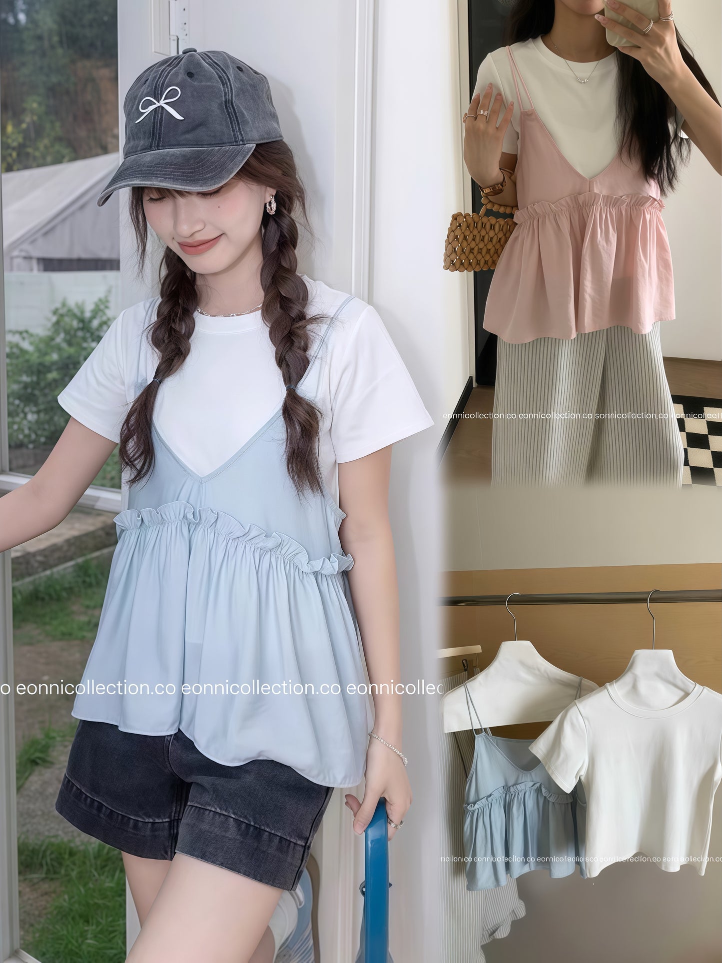 #1052 Korean Minimalist Strappy Top & Layer Set（2 Colors）
