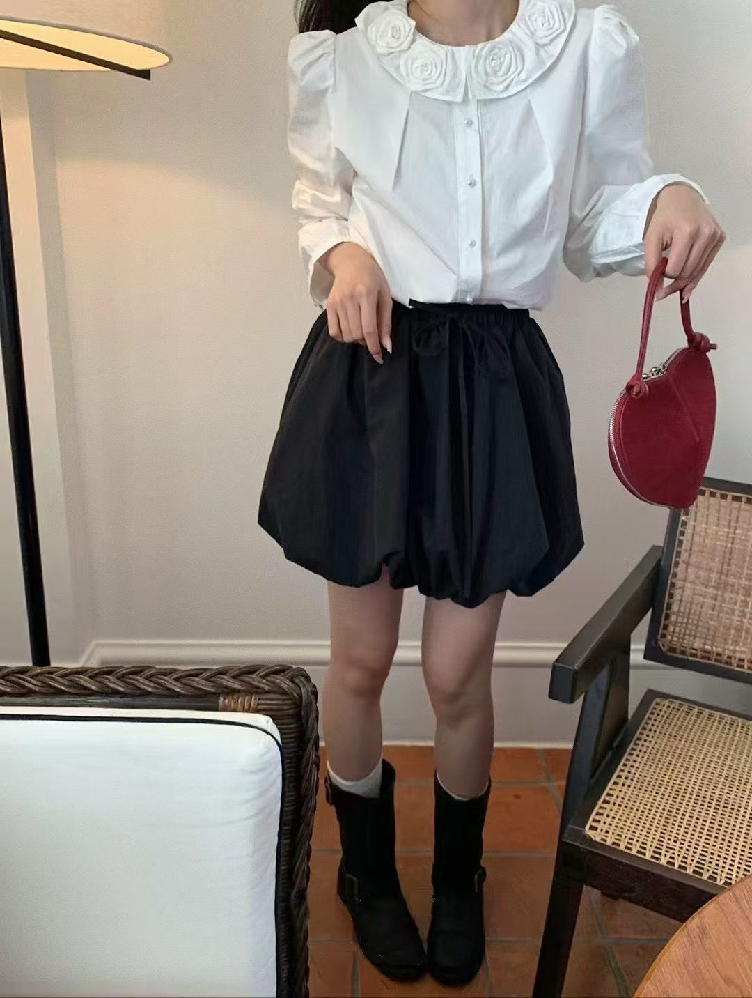 #3016 Chic Bubble Mini Skirt with Built-In Lining Shorts - Black