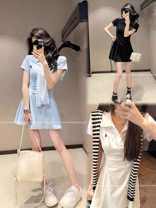 #2105 Preppy Polo Dress 3-Piece Set with Brooch（3 Colors）