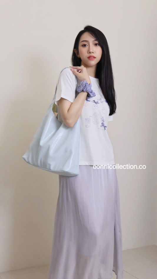 #1056 Ins Graphic Print Round Neck Oversized Tee + Hair Tie - White